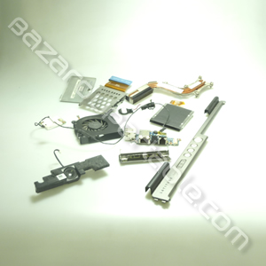 Kit pièces pour DELL Latitude D631 comprenant : 
- Capot clavier
- Carte sortie USB/réseau + câble
- Radiateur
- Ventilateur
- Haut-parleur
- Lecteur de carte PCMCIA
- Cache mémoire
- Carte modem + câble
- Caddy disque dur
- Pile bios